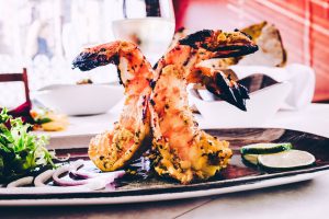 Close up of Jumbo Prawns at Indian restaurant Merchant City Glasgow